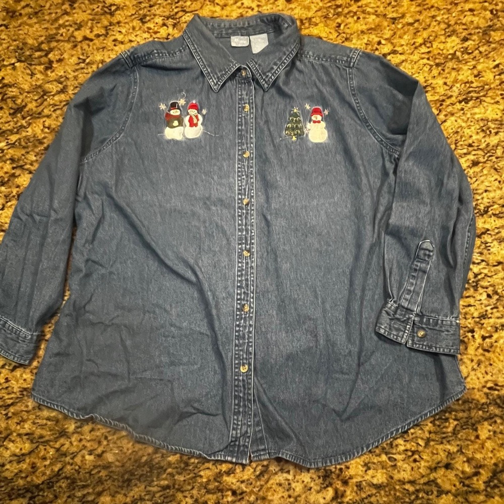 Holiday Editions Womens 2X Denim Christmas Shirt Snowman Embroidered Blue Cotton